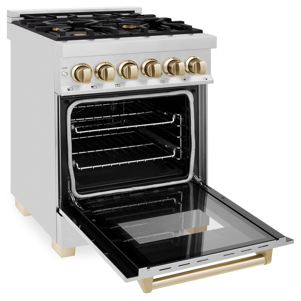 Autograph Edition 24 In. 2.8 Cu. Ft. Legacy Dual Fuel Range With 4 Burner Gas Cooktop And Electric Convection Oven In Stainless Steel And Polished Gold Accents RAZ24G