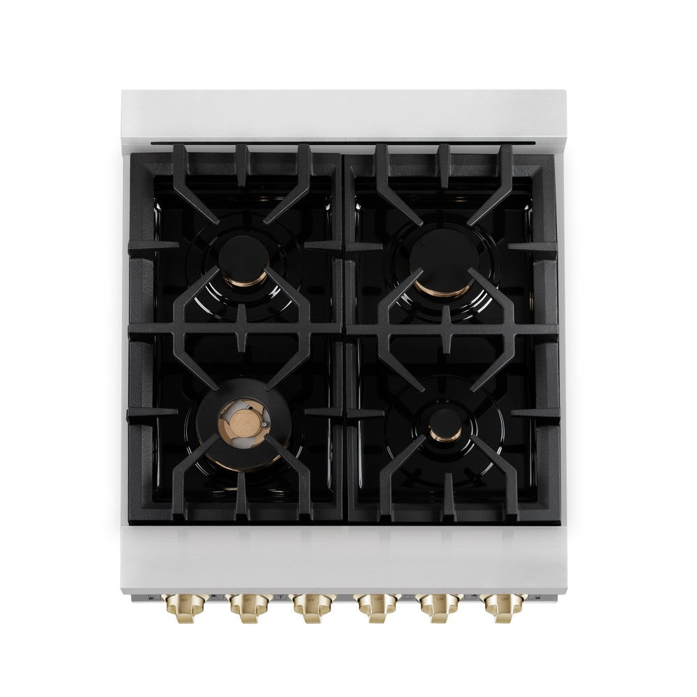 Autograph Edition 24 In. 2.8 Cu. Ft. Legacy Dual Fuel Range With 4 Burner Gas Cooktop And Electric Convection Oven In Stainless Steel And Polished Gold Accents RAZ24G