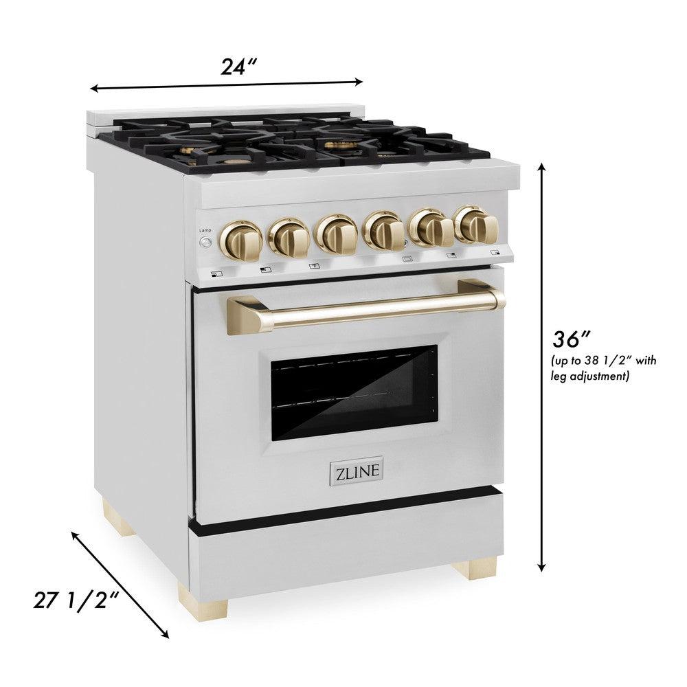 Autograph Edition 24 In. 2.8 Cu. Ft. Legacy Dual Fuel Range With 4 Burner Gas Cooktop And Electric Convection Oven In Stainless Steel And Polished Gold Accents RAZ24G