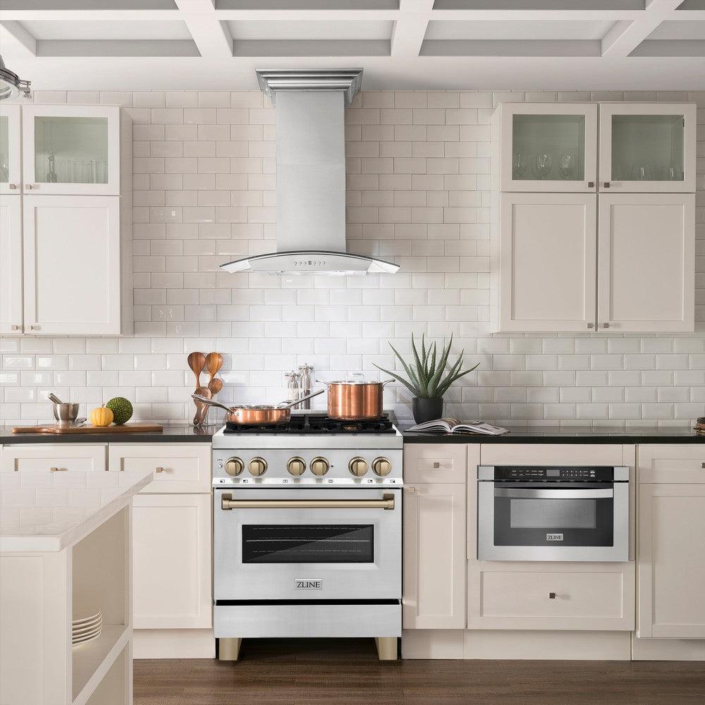 Autograph Edition 30 In. 4.0 Cu. Ft. Legacy Dual Fuel Range With 4 Burner Gas Cooktop And Electric Convection Oven In Stainless Steel And Champagne Bronze Accents RAZ30CB