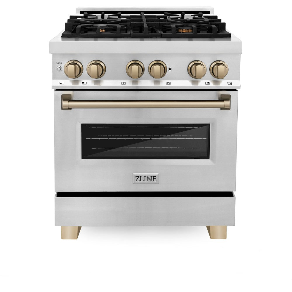 Autograph Edition 30 In. 4.0 Cu. Ft. Legacy Dual Fuel Range With 4 Burner Gas Cooktop And Electric Convection Oven In Stainless Steel And Champagne Bronze Accents RAZ30CB