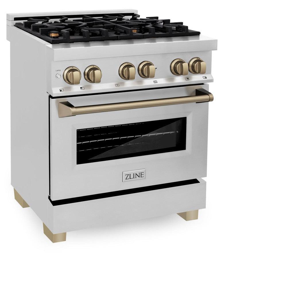 Autograph Edition 30 In. 4.0 Cu. Ft. Legacy Dual Fuel Range With 4 Burner Gas Cooktop And Electric Convection Oven In Stainless Steel And Champagne Bronze Accents RAZ30CB