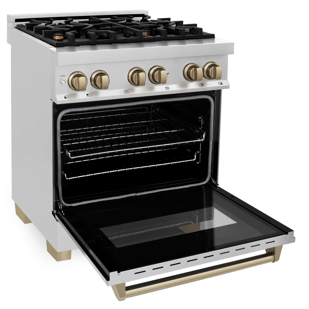 Autograph Edition 30 In. 4.0 Cu. Ft. Legacy Dual Fuel Range With 4 Burner Gas Cooktop And Electric Convection Oven In Stainless Steel And Champagne Bronze Accents RAZ30CB
