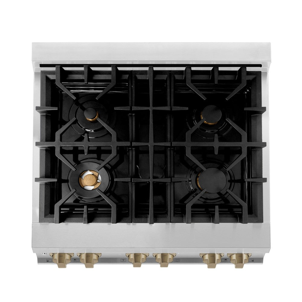 Autograph Edition 30 In. 4.0 Cu. Ft. Legacy Dual Fuel Range With 4 Burner Gas Cooktop And Electric Convection Oven In Stainless Steel And Champagne Bronze Accents RAZ30CB