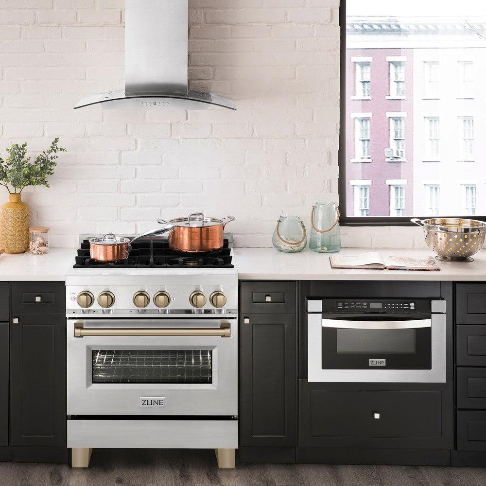 Autograph Edition 30 In. 4.0 Cu. Ft. Legacy Dual Fuel Range With 4 Burner Gas Cooktop And Electric Convection Oven In Stainless Steel And Champagne Bronze Accents RAZ30CB