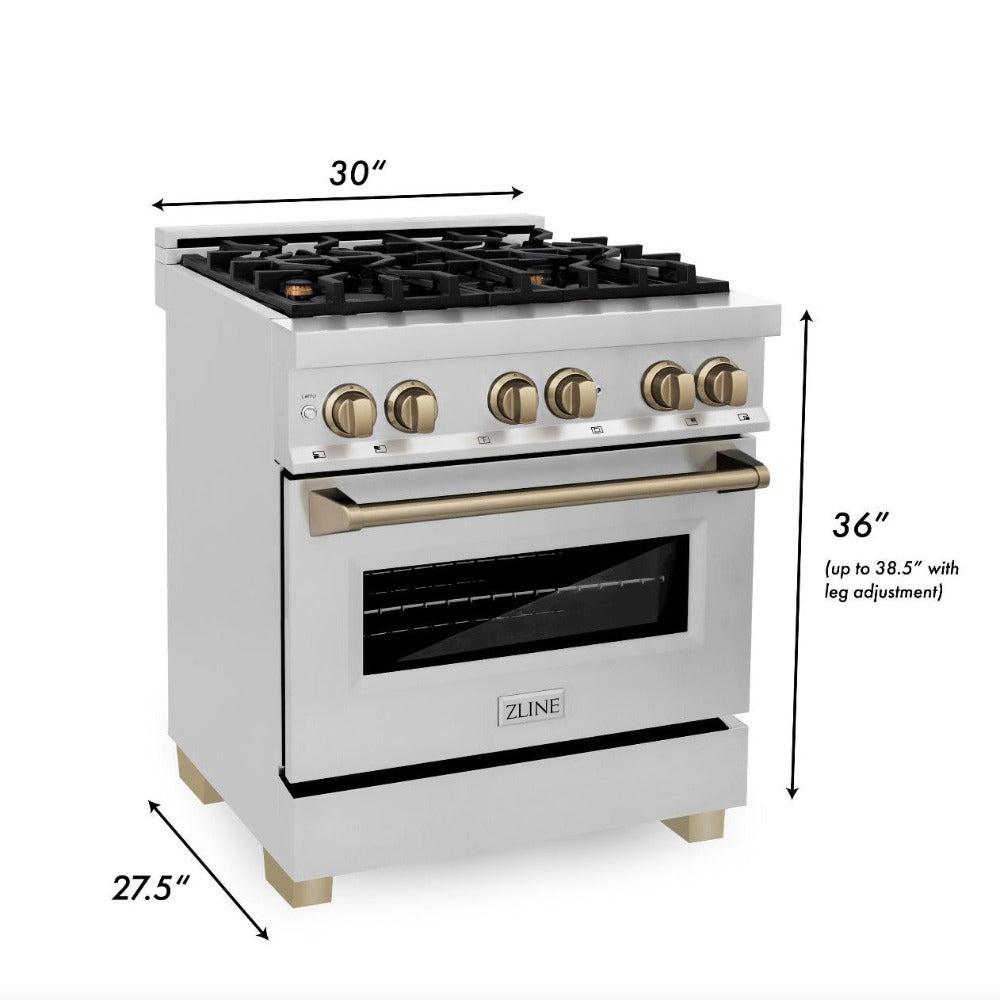 Autograph Edition 30 In. 4.0 Cu. Ft. Legacy Dual Fuel Range With 4 Burner Gas Cooktop And Electric Convection Oven In Stainless Steel And Champagne Bronze Accents RAZ30CB