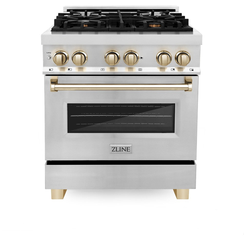 Autograph Edition 30 In. 4.0 Cu. Ft. Legacy Dual Fuel Range With 4 Burner Gas Cooktop And Electric Convection Oven In Stainless Steel And Polished Gold Accents RAZ30G