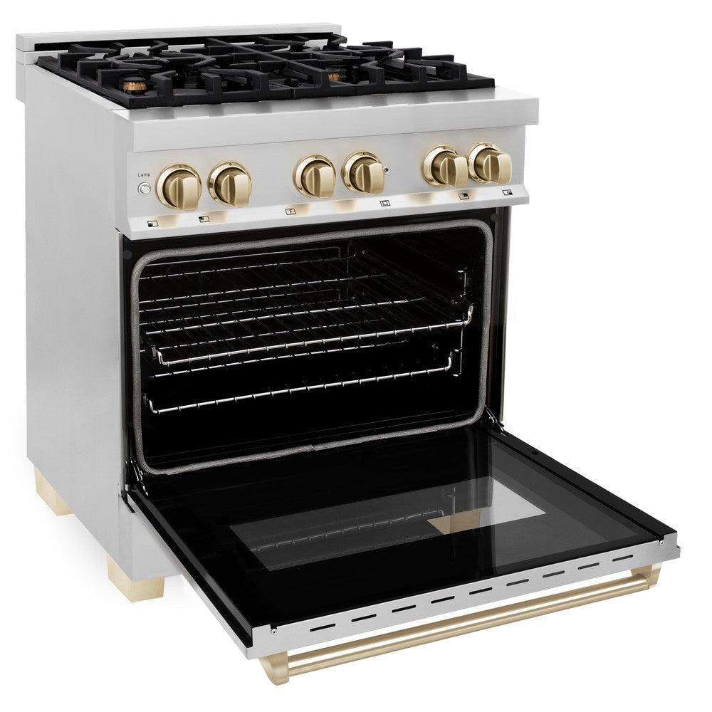 Autograph Edition 30 In. 4.0 Cu. Ft. Legacy Dual Fuel Range With 4 Burner Gas Cooktop And Electric Convection Oven In Stainless Steel And Polished Gold Accents RAZ30G