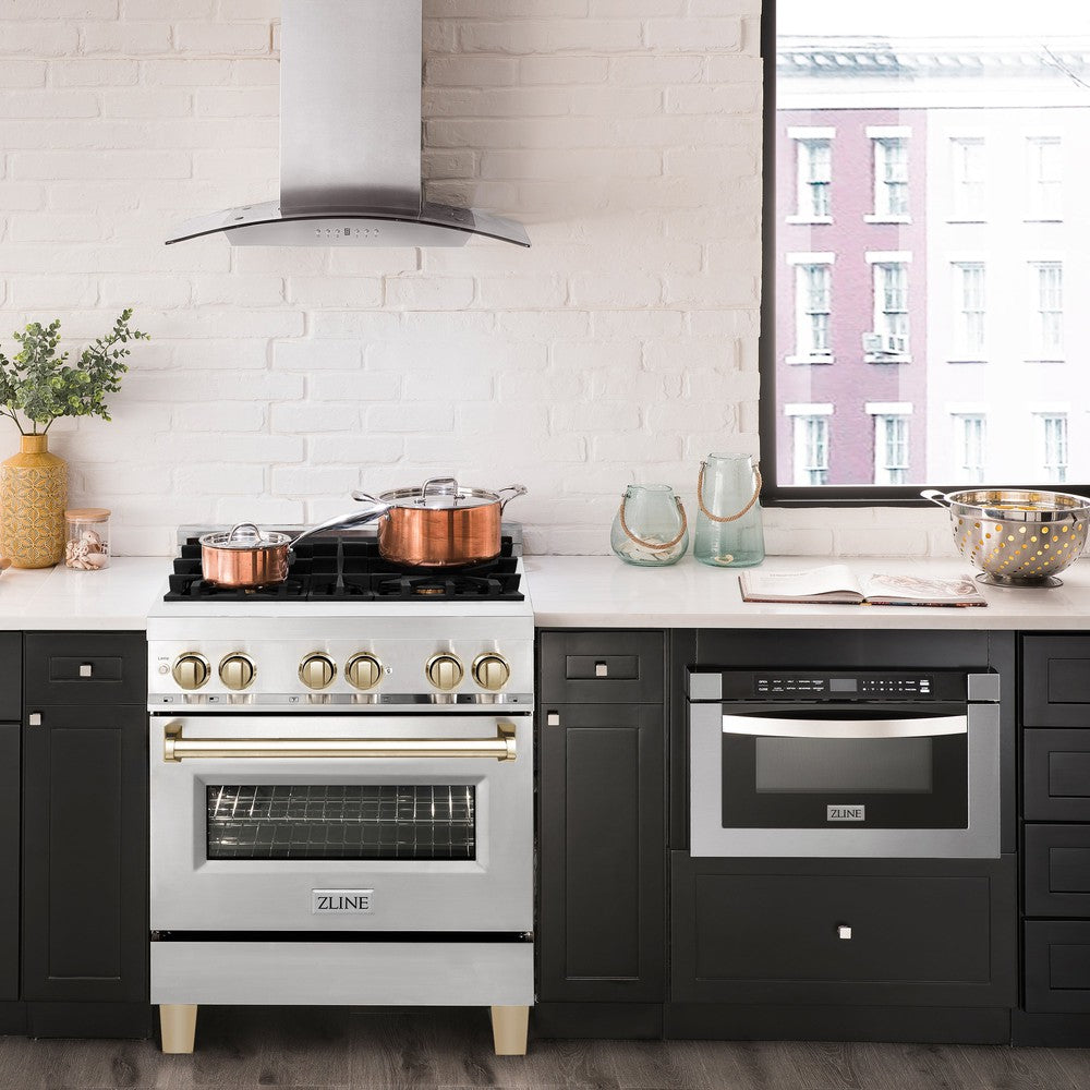 Autograph Edition 30 In. 4.0 Cu. Ft. Legacy Dual Fuel Range With 4 Burner Gas Cooktop And Electric Convection Oven In Stainless Steel And Polished Gold Accents RAZ30G