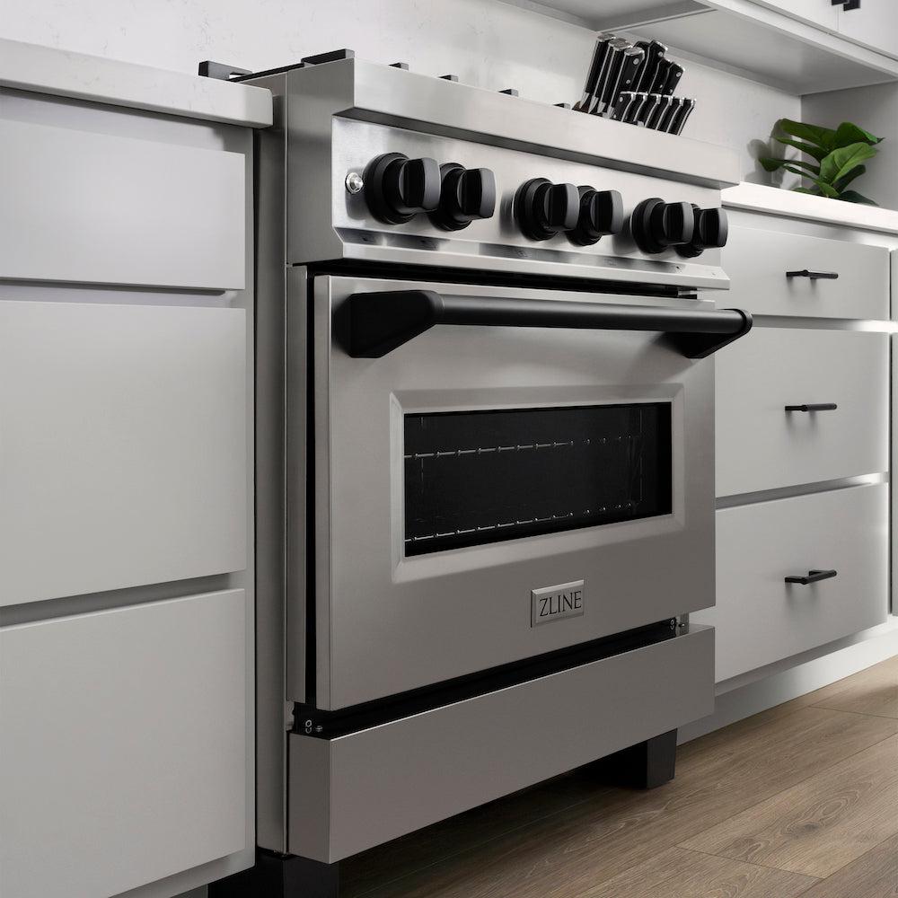 Autograph Edition 30 In. 4.0 Cu. Ft. Legacy Dual Fuel Range With 4 Burner Gas Cooktop And Electric Convection Oven In Stainless Steel And Matte Black Accents RAZ30MB