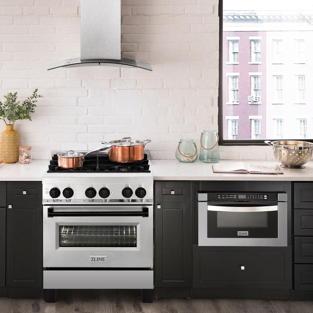 Autograph Edition 30 In. 4.0 Cu. Ft. Legacy Dual Fuel Range With 4 Burner Gas Cooktop And Electric Convection Oven In Stainless Steel And Matte Black Accents RAZ30MB