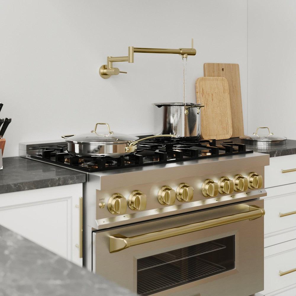 Autograph Edition 36 In. 4.6 Cu. Ft. Legacy Dual Fuel Range With 6 Burner Gas Cooktop And Electric Convection Oven In Stainless Steel And Champagne Bronze Accents RAZ36CB
