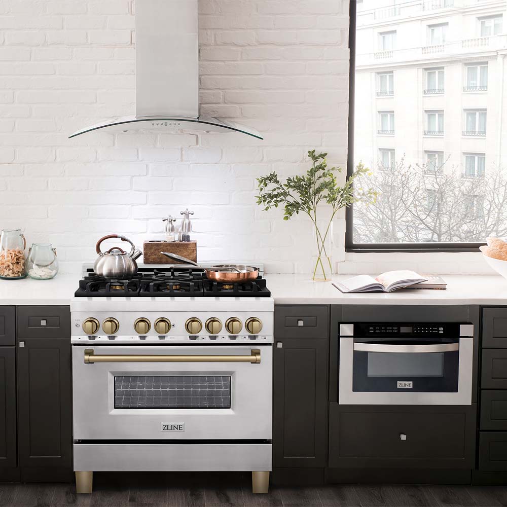 Autograph Edition 36 In. 4.6 Cu. Ft. Legacy Dual Fuel Range With 6 Burner Gas Cooktop And Electric Convection Oven In Stainless Steel And Champagne Bronze Accents RAZ36CB
