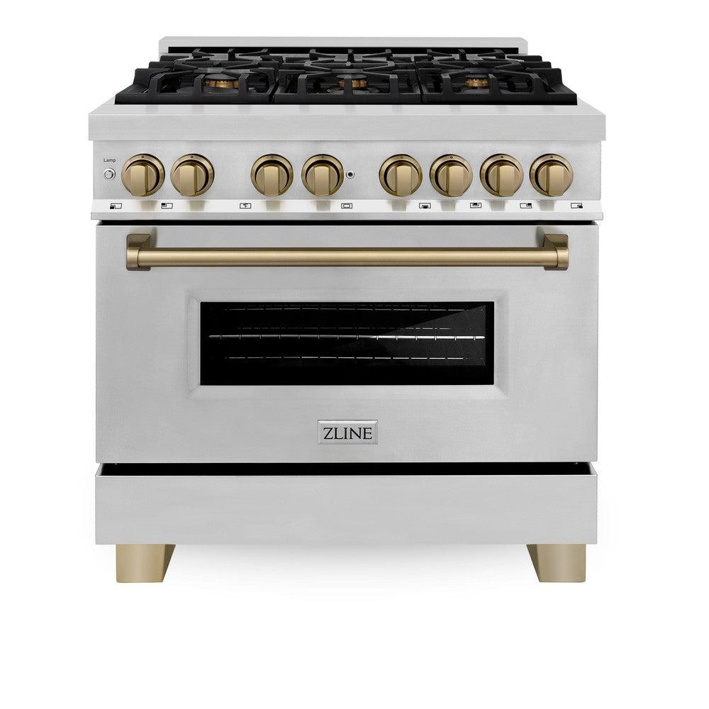Autograph Edition 36 In. 4.6 Cu. Ft. Legacy Dual Fuel Range With 6 Burner Gas Cooktop And Electric Convection Oven In Stainless Steel And Champagne Bronze Accents RAZ36CB