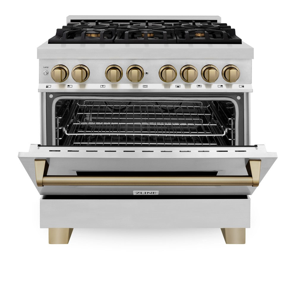 Autograph Edition 36 In. 4.6 Cu. Ft. Legacy Dual Fuel Range With 6 Burner Gas Cooktop And Electric Convection Oven In Stainless Steel And Champagne Bronze Accents RAZ36CB