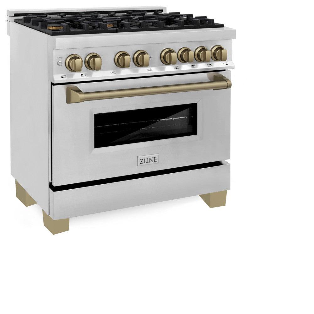 Autograph Edition 36 In. 4.6 Cu. Ft. Legacy Dual Fuel Range With 6 Burner Gas Cooktop And Electric Convection Oven In Stainless Steel And Champagne Bronze Accents RAZ36CB