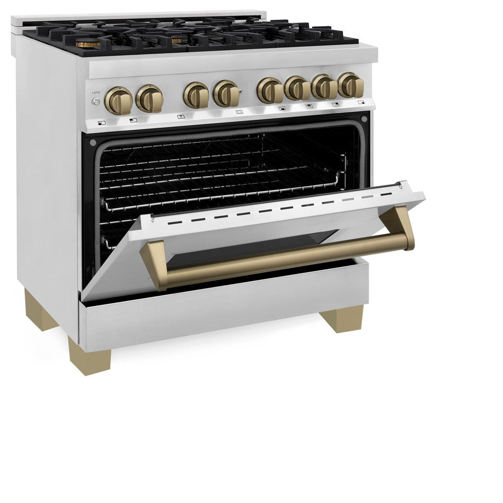 Autograph Edition 36 In. 4.6 Cu. Ft. Legacy Dual Fuel Range With 6 Burner Gas Cooktop And Electric Convection Oven In Stainless Steel And Champagne Bronze Accents RAZ36CB