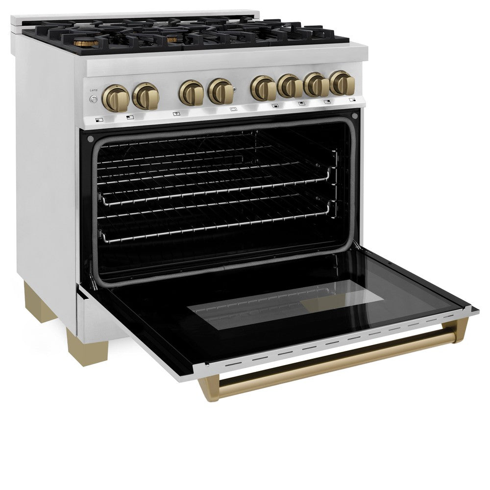 Autograph Edition 36 In. 4.6 Cu. Ft. Legacy Dual Fuel Range With 6 Burner Gas Cooktop And Electric Convection Oven In Stainless Steel And Champagne Bronze Accents RAZ36CB