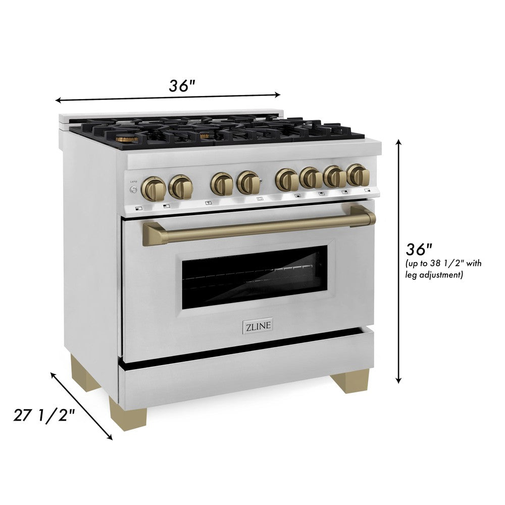 Autograph Edition 36 In. 4.6 Cu. Ft. Legacy Dual Fuel Range With 6 Burner Gas Cooktop And Electric Convection Oven In Stainless Steel And Champagne Bronze Accents RAZ36CB