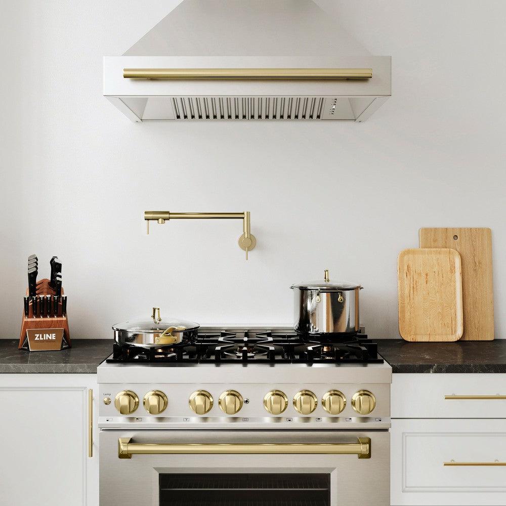 Autograph Edition 36 In. 4.6 Cu. Ft. Legacy Dual Fuel Range With 6 Burner Gas Cooktop And Electric Convection Oven In Stainless Steel And Champagne Bronze Accents RAZ36CB