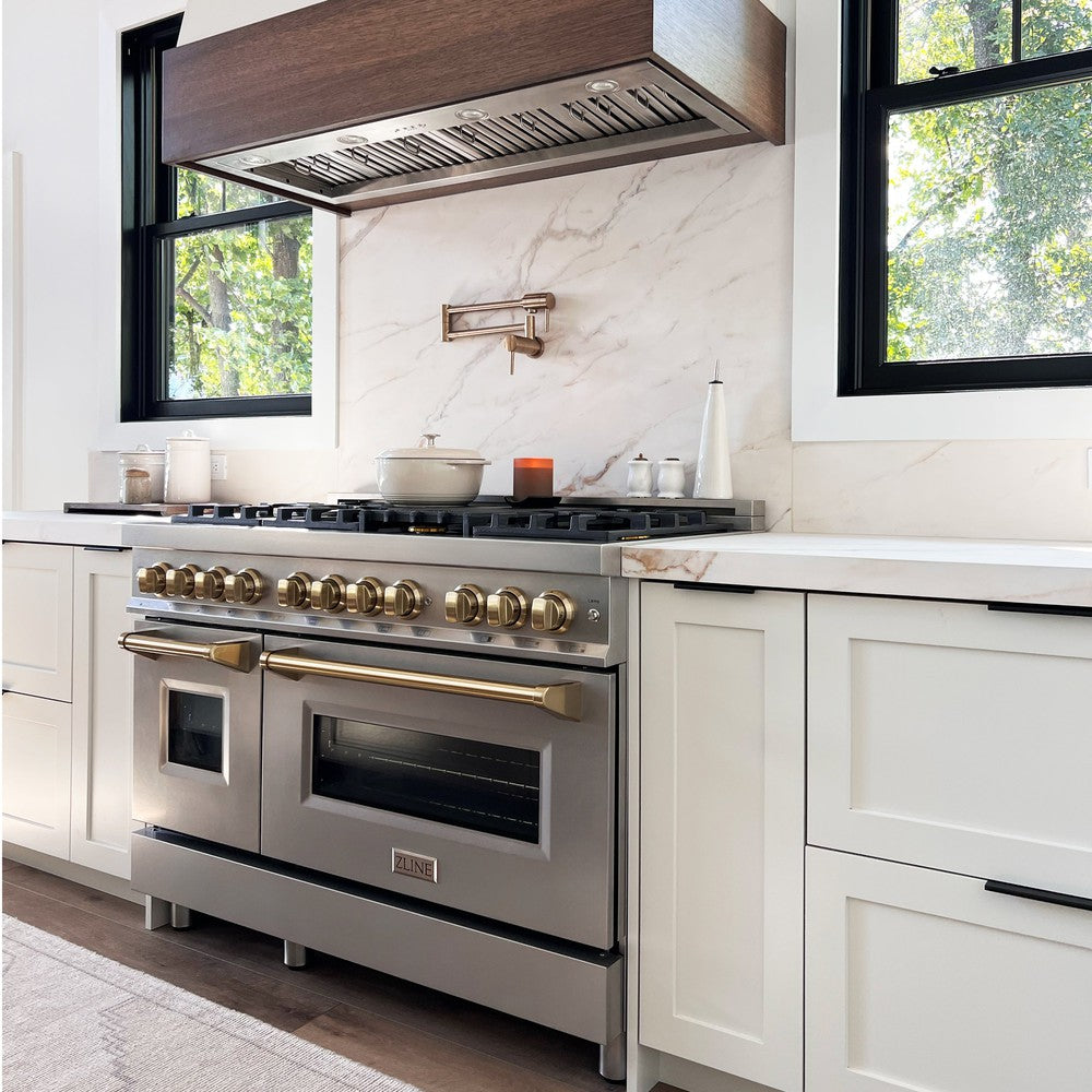Autograph Edition 48 In. 6.0 Cu. Ft. Legacy Dual Fuel Range With 7 Burner Gas Cooktop And 2 Electric Ovens In Stainless Steel And Champagne Bronze Accents RAZ48CB