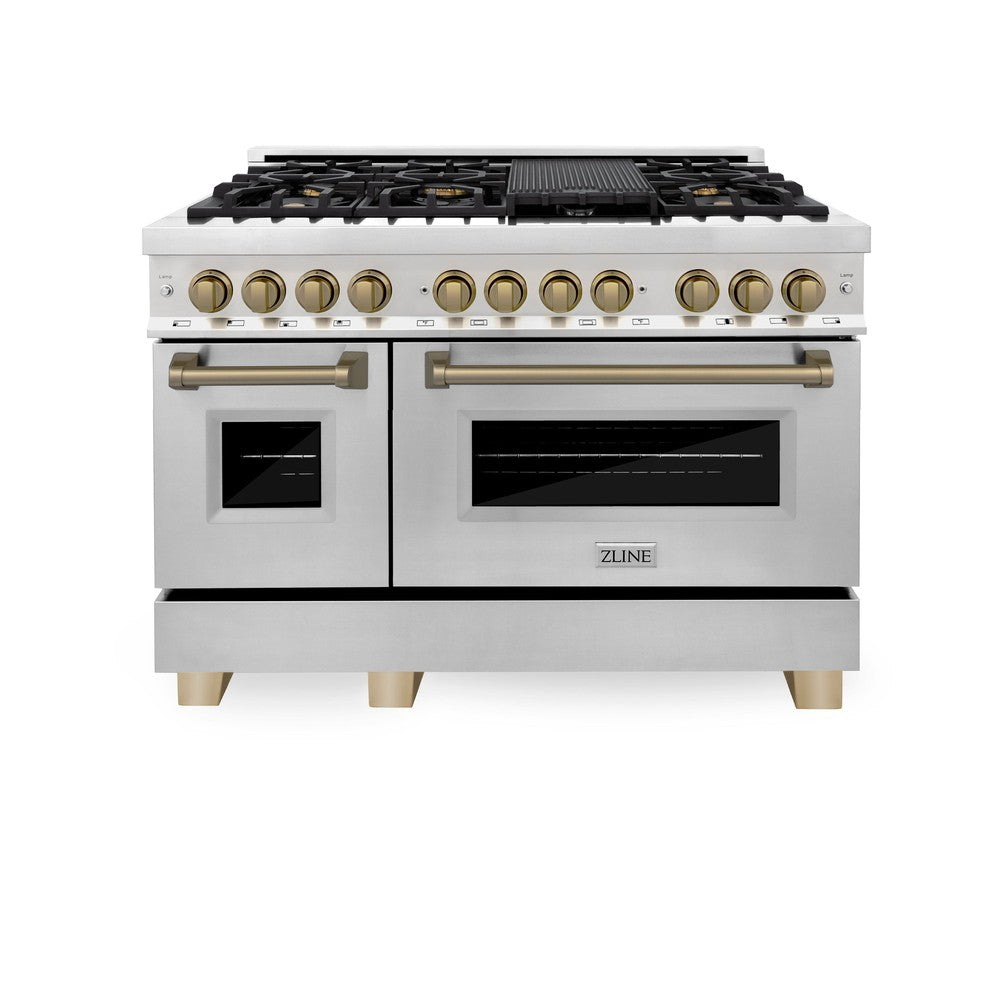 Autograph Edition 48 In. 6.0 Cu. Ft. Legacy Dual Fuel Range With 7 Burner Gas Cooktop And 2 Electric Ovens In Stainless Steel And Champagne Bronze Accents RAZ48CB