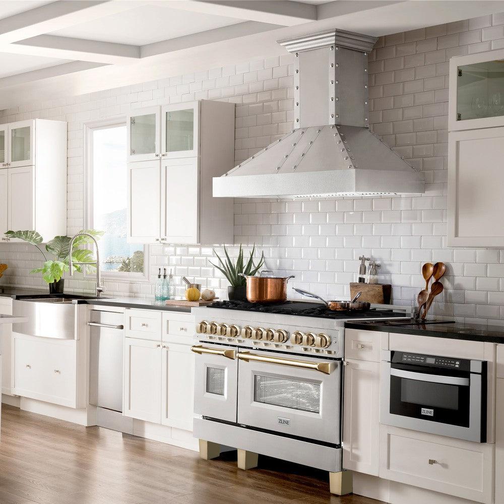 Autograph Edition 48 In. 6.0 Cu. Ft. Legacy Dual Fuel Range With 7 Burner Gas Cooktop And 2 Electric Ovens In Stainless Steel And Polished Gold Accents RAZ48G
