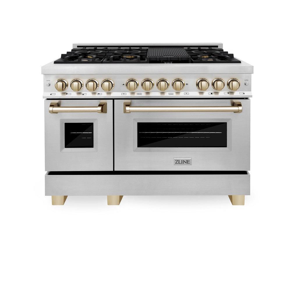 Autograph Edition 48 In. 6.0 Cu. Ft. Legacy Dual Fuel Range With 7 Burner Gas Cooktop And 2 Electric Ovens In Stainless Steel And Polished Gold Accents RAZ48G