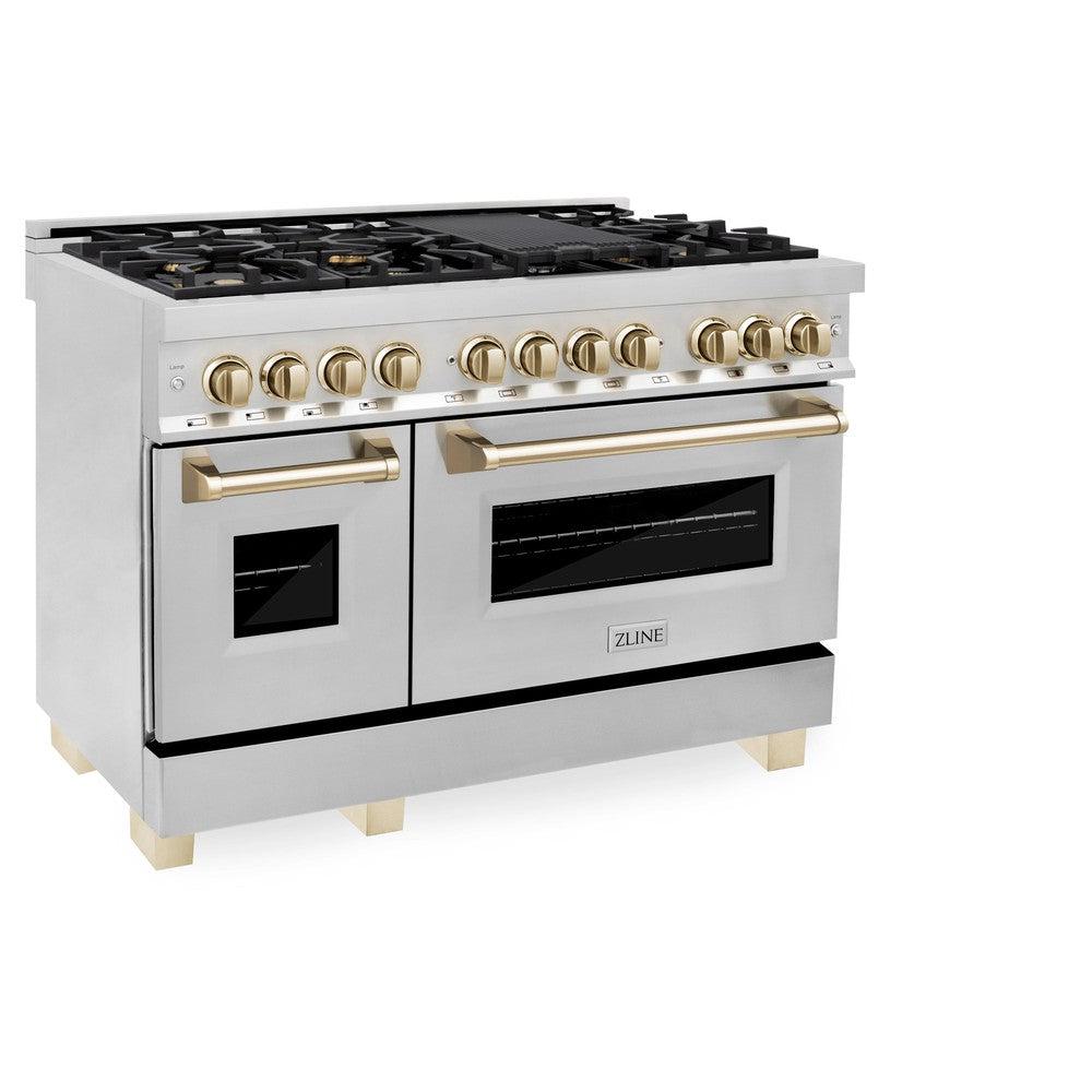 Autograph Edition 48 In. 6.0 Cu. Ft. Legacy Dual Fuel Range With 7 Burner Gas Cooktop And 2 Electric Ovens In Stainless Steel And Polished Gold Accents RAZ48G