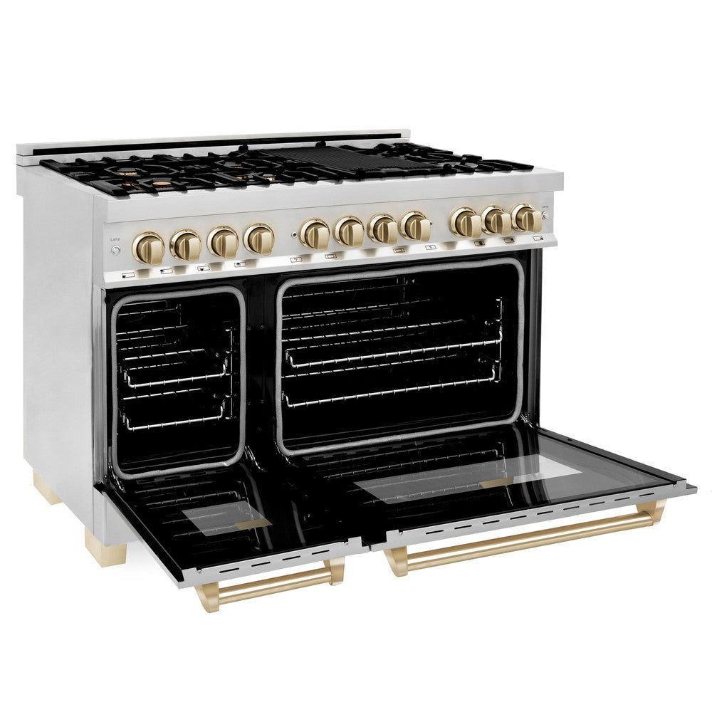 Autograph Edition 48 In. 6.0 Cu. Ft. Legacy Dual Fuel Range With 7 Burner Gas Cooktop And 2 Electric Ovens In Stainless Steel And Polished Gold Accents RAZ48G