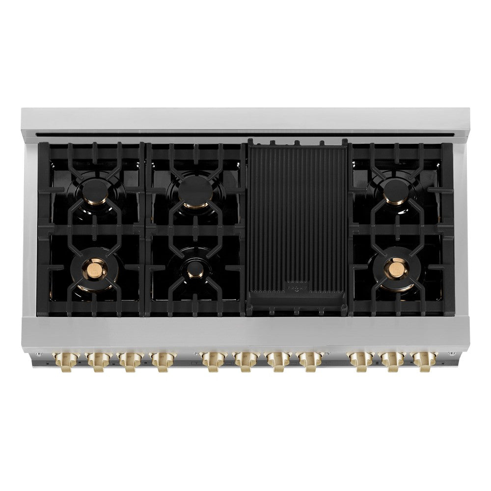 Autograph Edition 48 In. 6.0 Cu. Ft. Legacy Dual Fuel Range With 7 Burner Gas Cooktop And 2 Electric Ovens In Stainless Steel And Polished Gold Accents RAZ48G