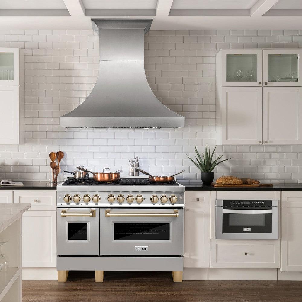 Autograph Edition 48 In. 6.0 Cu. Ft. Legacy Dual Fuel Range With 7 Burner Gas Cooktop And 2 Electric Ovens In Stainless Steel And Polished Gold Accents RAZ48G