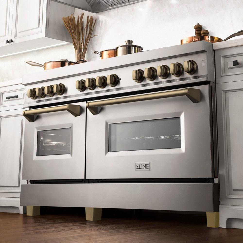 Autograph Edition 60 In. 7.4 Cu. Ft. Legacy Dual Fuel Range With 9 Burner Gas Cooktop And 2 Electric Convection Ovens In Stainless Steel And Champagne Bronze Accents RAZ60CB