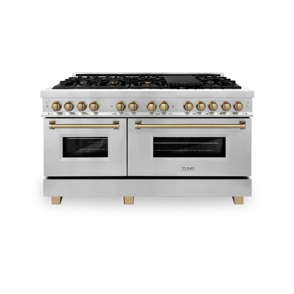 Autograph Edition 60 In. 7.4 Cu. Ft. Legacy Dual Fuel Range With 9 Burner Gas Cooktop And 2 Electric Convection Ovens In Stainless Steel And Champagne Bronze Accents RAZ60CB