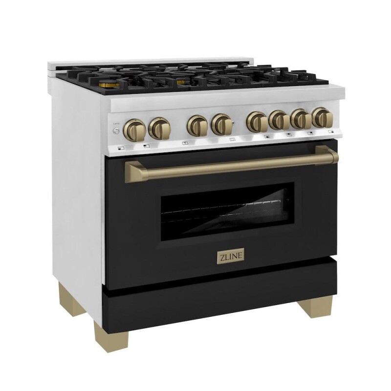 ZLINE Autograph Edition 36 in. 4.6 cu. ft. Legacy Dual Fuel Range with 6 Burner Gas Cooktop and Electric Convection Oven in Stainless Steel with Black Matte Door and Champagne Bronze Accents 
