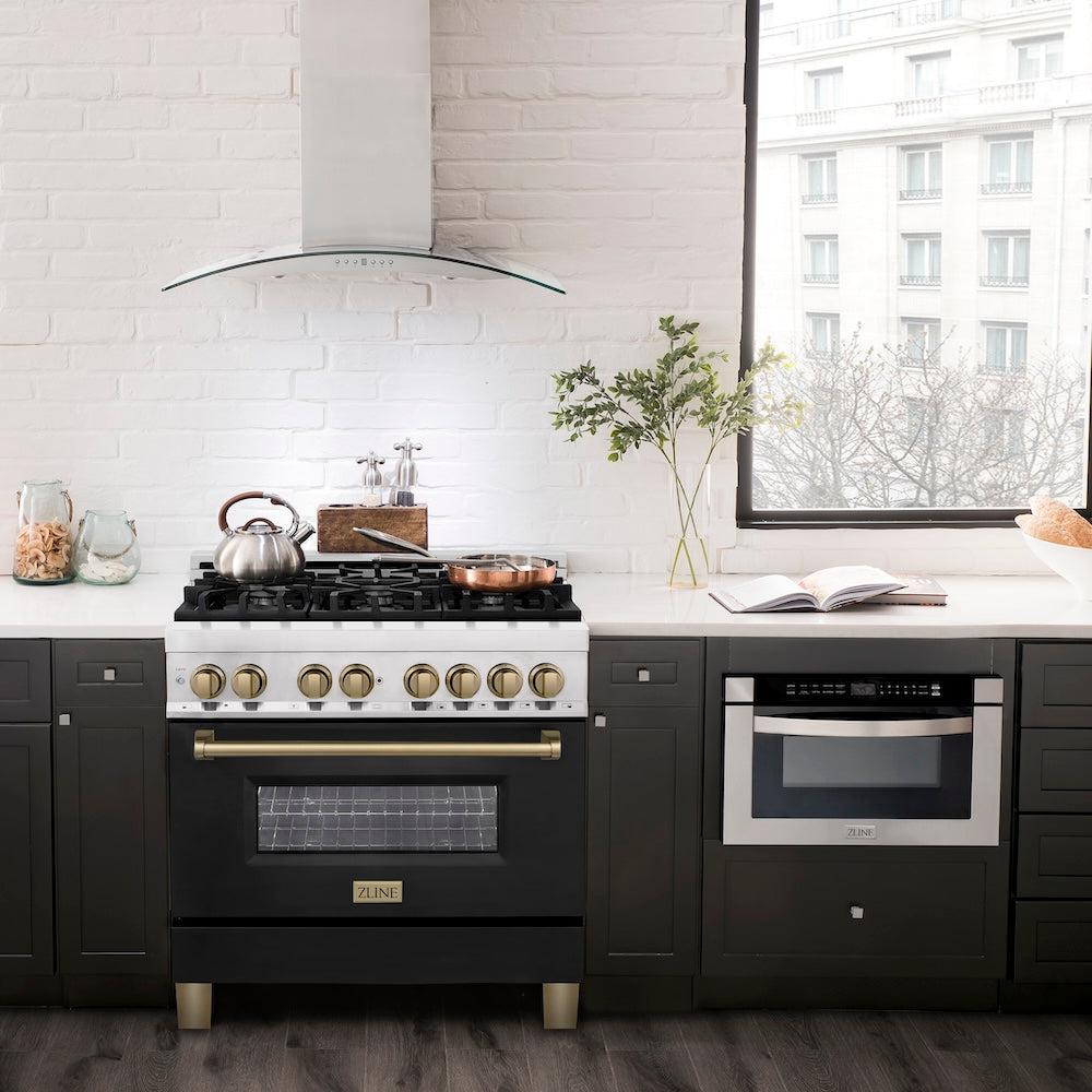 Autograph Edition 36 In. 4.6 Cu. Ft. Legacy Dual Fuel Range With 6 Burner Gas Cooktop And Electric Convection Oven In Stainless Steel With Black Matte Door And Champagne Bronze Accents RAZBLM36CB