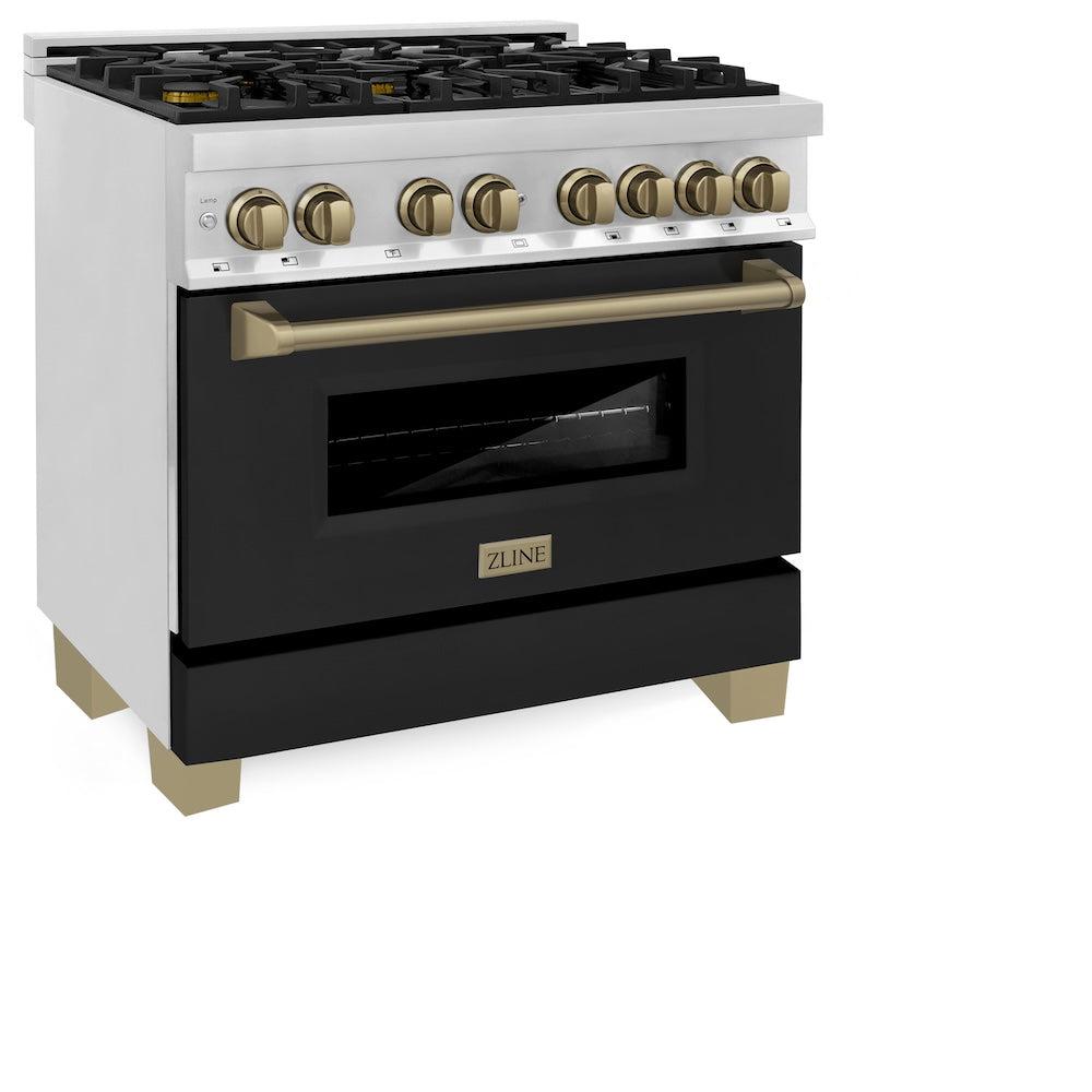 Autograph Edition 36 In. 4.6 Cu. Ft. Legacy Dual Fuel Range With 6 Burner Gas Cooktop And Electric Convection Oven In Stainless Steel With Black Matte Door And Champagne Bronze Accents RAZBLM36CB