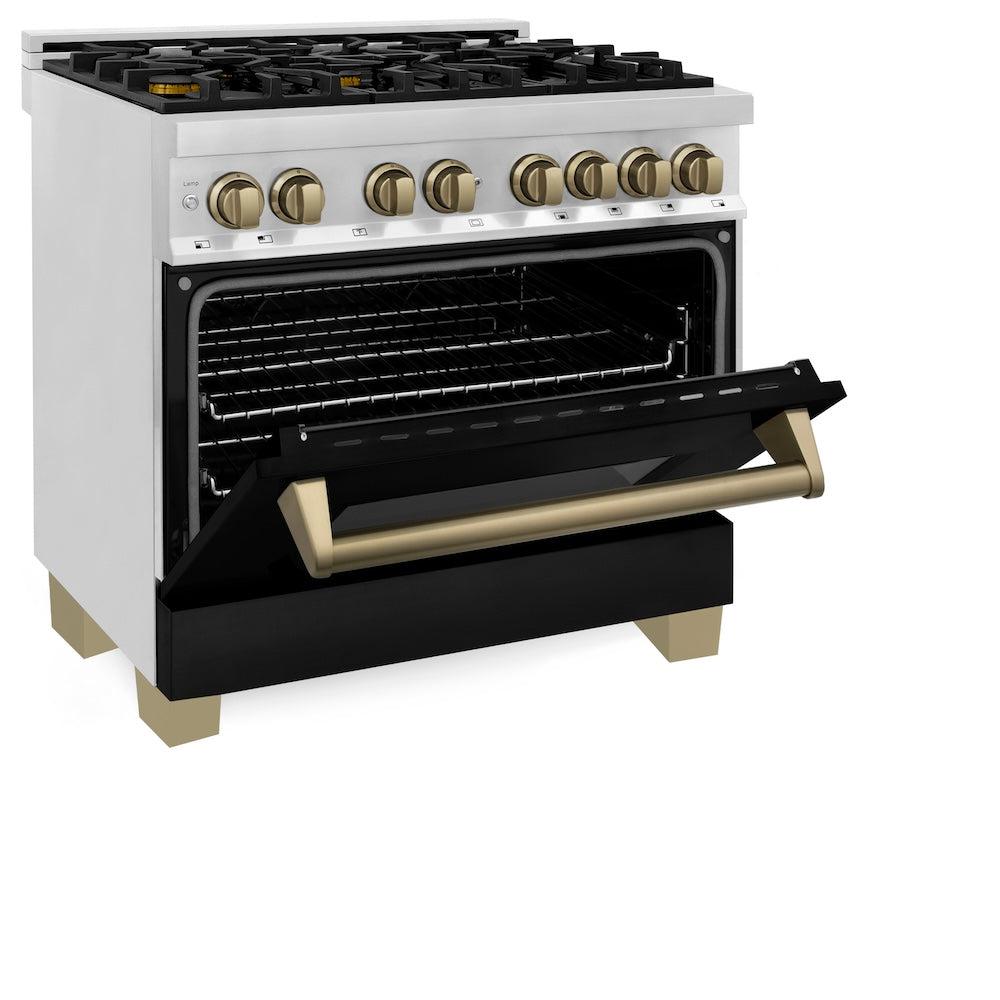 Autograph Edition 36 In. 4.6 Cu. Ft. Legacy Dual Fuel Range With 6 Burner Gas Cooktop And Electric Convection Oven In Stainless Steel With Black Matte Door And Champagne Bronze Accents RAZBLM36CB