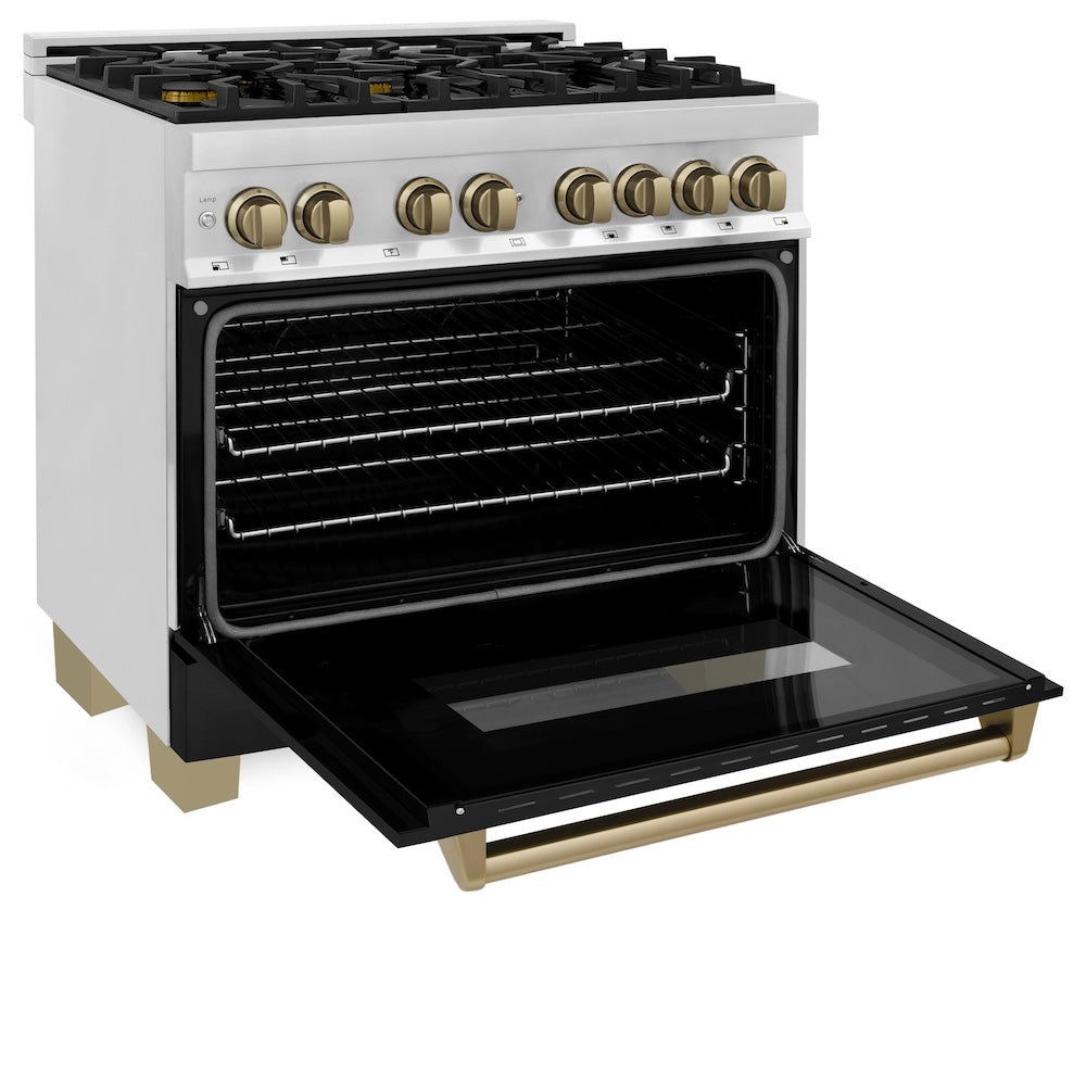 Autograph Edition 36 In. 4.6 Cu. Ft. Legacy Dual Fuel Range With 6 Burner Gas Cooktop And Electric Convection Oven In Stainless Steel With Black Matte Door And Champagne Bronze Accents RAZBLM36CB