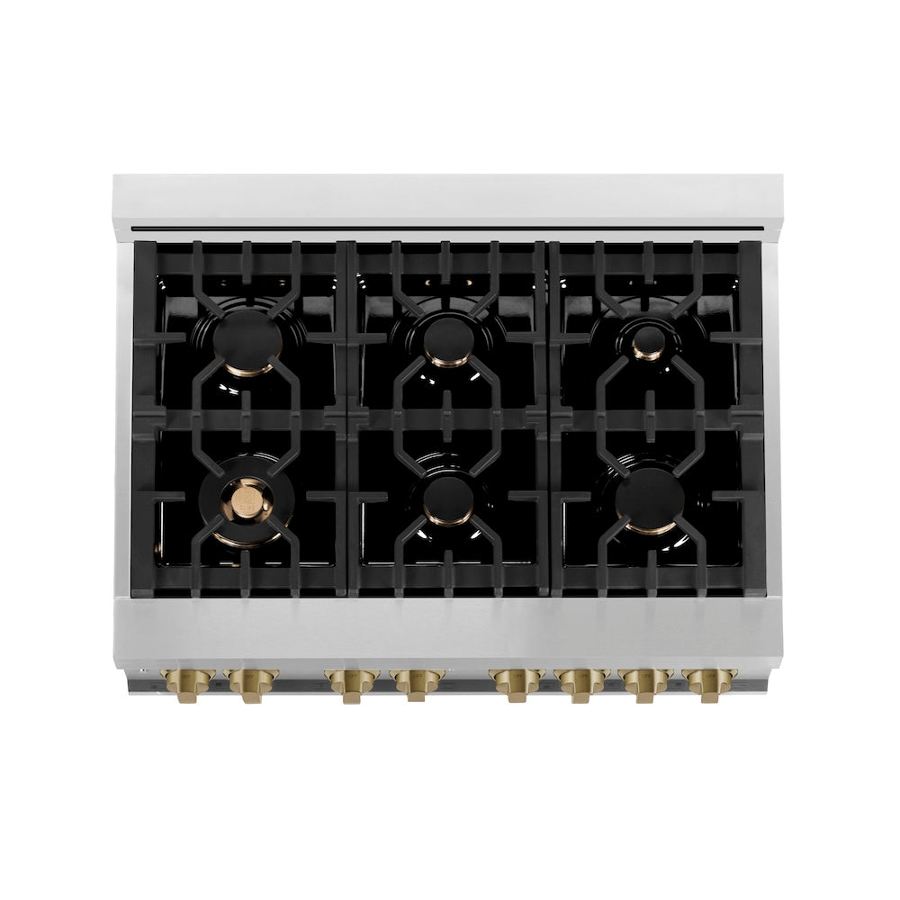 Autograph Edition 36 In. 4.6 Cu. Ft. Legacy Dual Fuel Range With 6 Burner Gas Cooktop And Electric Convection Oven In Stainless Steel With Black Matte Door And Champagne Bronze Accents RAZBLM36CB