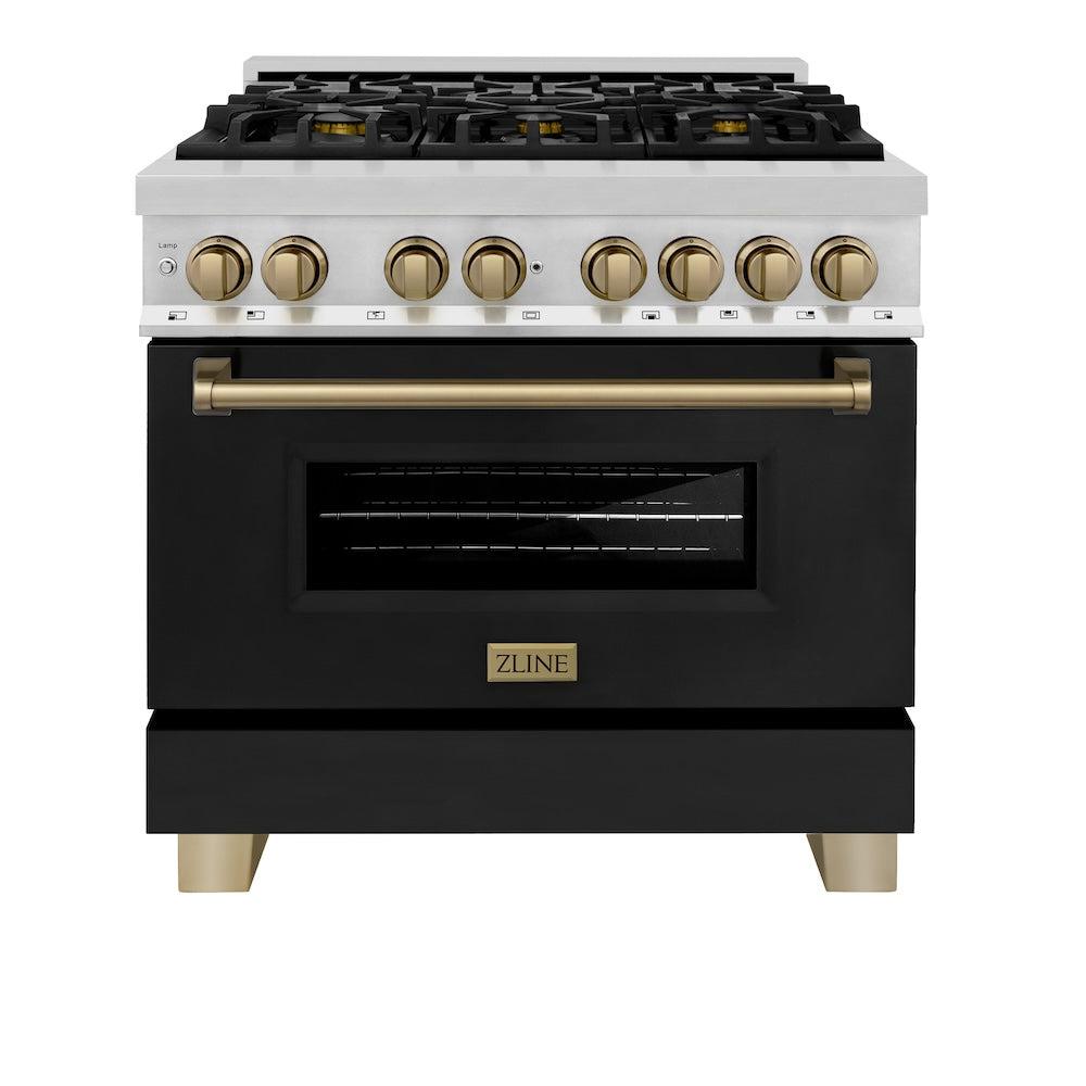 Autograph Edition 36 In. 4.6 Cu. Ft. Legacy Dual Fuel Range With 6 Burner Gas Cooktop And Electric Convection Oven In Stainless Steel With Black Matte Door And Champagne Bronze Accents RAZBLM36CB
