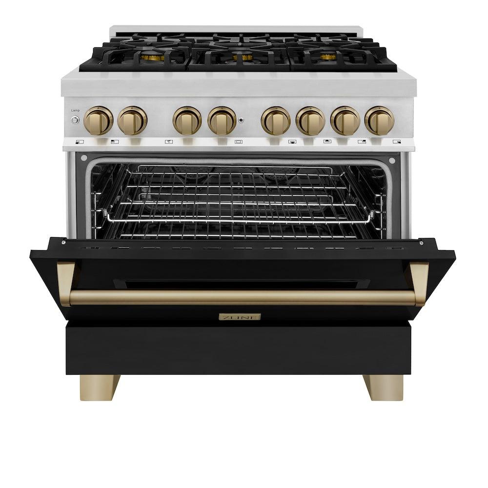 Autograph Edition 36 In. 4.6 Cu. Ft. Legacy Dual Fuel Range With 6 Burner Gas Cooktop And Electric Convection Oven In Stainless Steel With Black Matte Door And Champagne Bronze Accents RAZBLM36CB