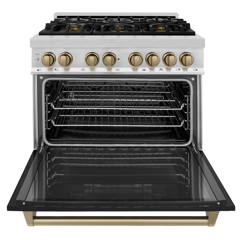 Autograph Edition 36 In. 4.6 Cu. Ft. Legacy Dual Fuel Range With 6 Burner Gas Cooktop And Electric Convection Oven In Stainless Steel With Black Matte Door And Champagne Bronze Accents RAZBLM36CB