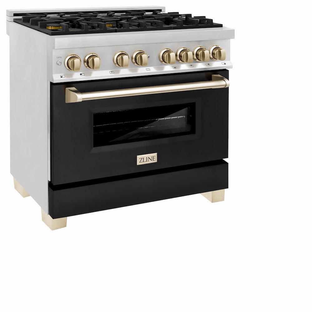 Autograph Edition 36 In. 4.6 Cu. Ft. Legacy Dual Fuel Range With 6 Burner Gas Cooktop And Electric Convection Oven In Stainless Steel With Black Matte Door And Polished Gold Accents RAZBLM36G