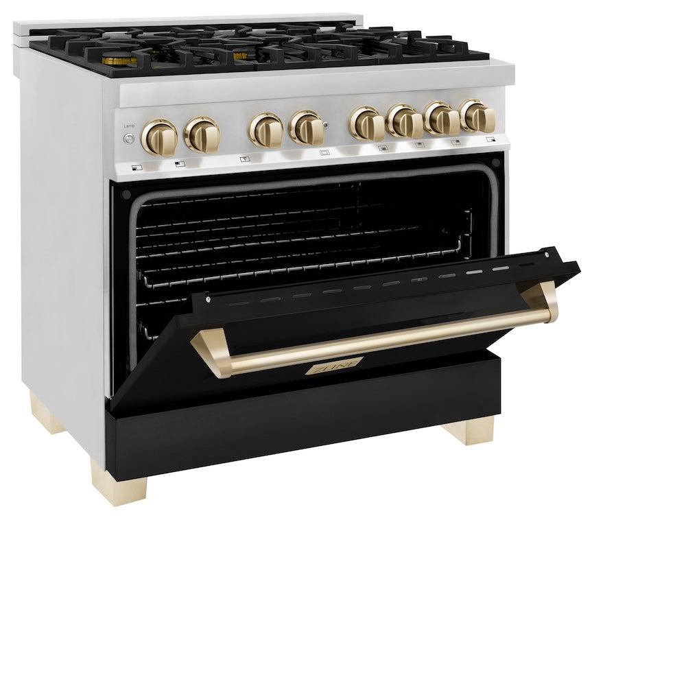 Autograph Edition 36 In. 4.6 Cu. Ft. Legacy Dual Fuel Range With 6 Burner Gas Cooktop And Electric Convection Oven In Stainless Steel With Black Matte Door And Polished Gold Accents RAZBLM36G