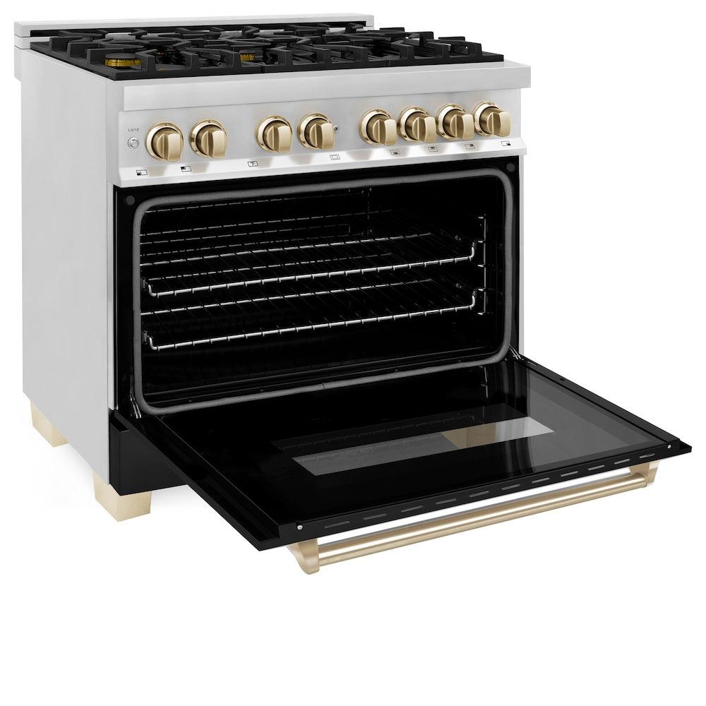 Autograph Edition 36 In. 4.6 Cu. Ft. Legacy Dual Fuel Range With 6 Burner Gas Cooktop And Electric Convection Oven In Stainless Steel With Black Matte Door And Polished Gold Accents RAZBLM36G
