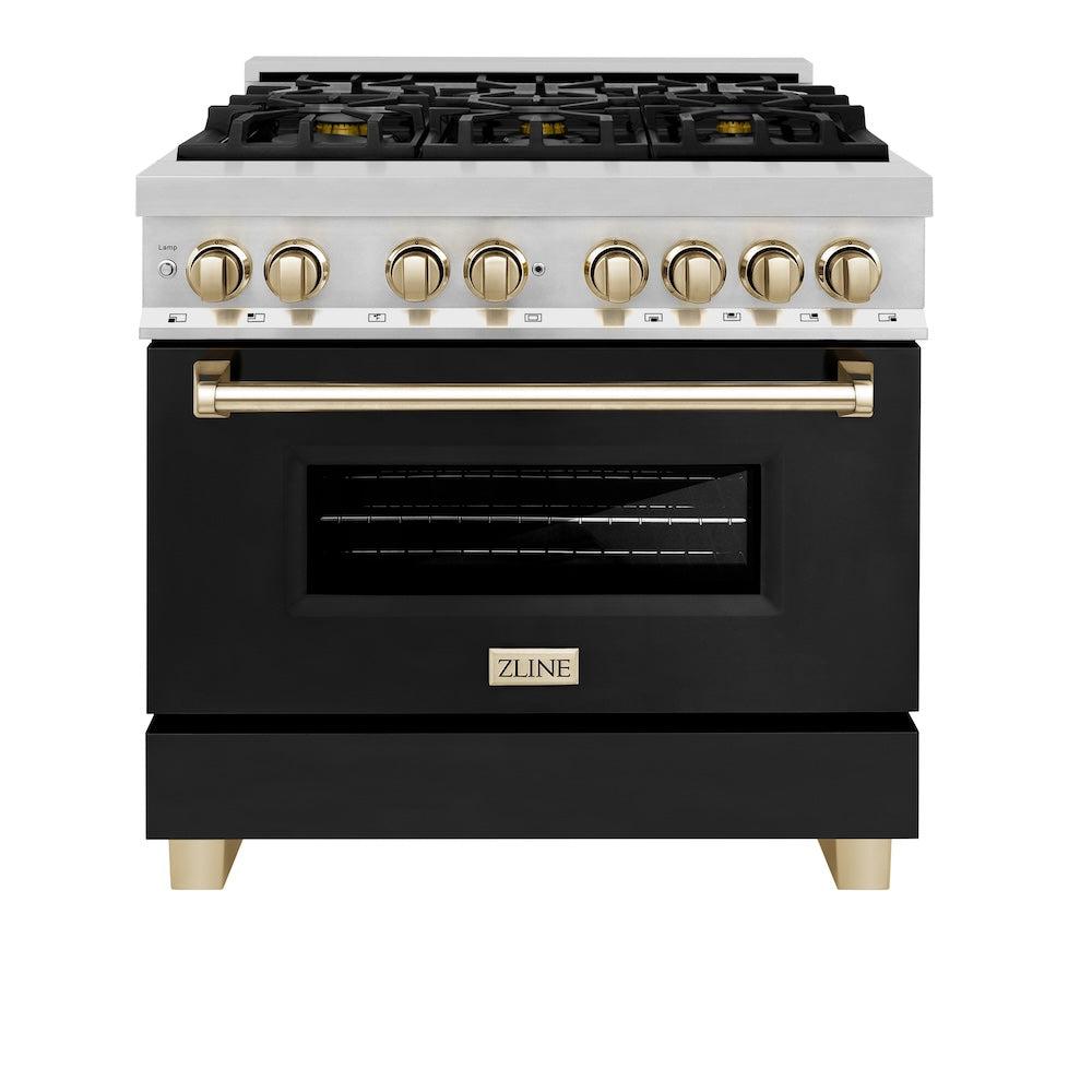 Autograph Edition 36 In. 4.6 Cu. Ft. Legacy Dual Fuel Range With 6 Burner Gas Cooktop And Electric Convection Oven In Stainless Steel With Black Matte Door And Polished Gold Accents RAZBLM36G