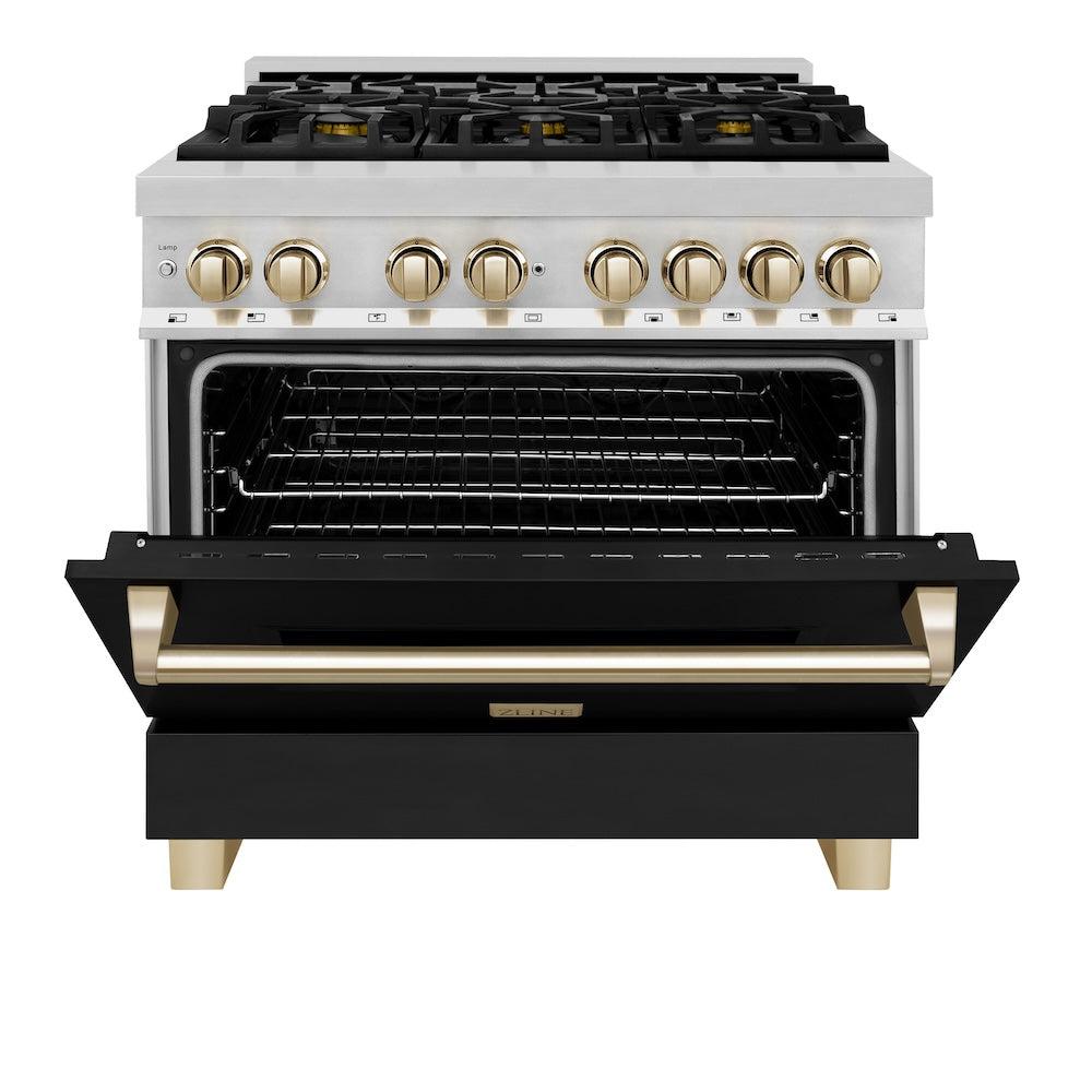 Autograph Edition 36 In. 4.6 Cu. Ft. Legacy Dual Fuel Range With 6 Burner Gas Cooktop And Electric Convection Oven In Stainless Steel With Black Matte Door And Polished Gold Accents RAZBLM36G