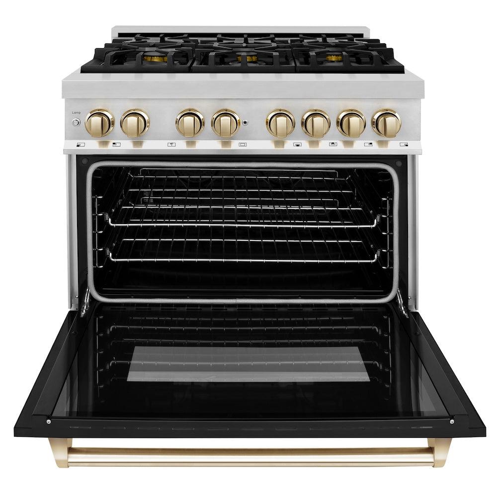 Autograph Edition 36 In. 4.6 Cu. Ft. Legacy Dual Fuel Range With 6 Burner Gas Cooktop And Electric Convection Oven In Stainless Steel With Black Matte Door And Polished Gold Accents RAZBLM36G