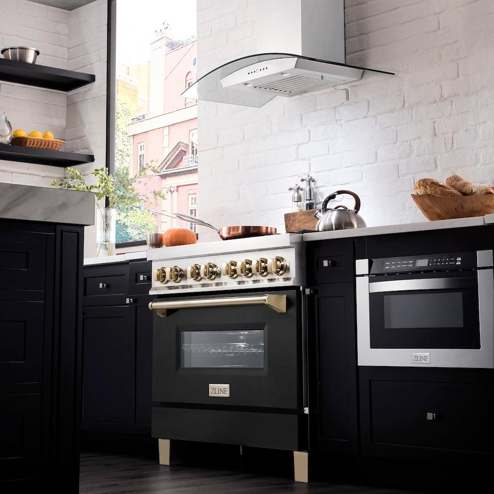 Autograph Edition 36 In. 4.6 Cu. Ft. Legacy Dual Fuel Range With 6 Burner Gas Cooktop And Electric Convection Oven In Stainless Steel With Black Matte Door And Polished Gold Accents RAZBLM36G